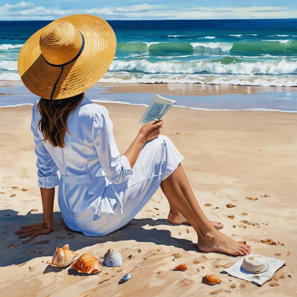 Illustrate a serene beach setting with a woman in a stylish two-piece suit sitting on the sand, gazing thoughtfully at the ocean. Surround her with elements that represent introspection, like seashells arranged in a spiral and soft waves reflecting sunlight. Include a sunset backdrop with warm hues merging into cool blues, evoking a sense of tranquility and contemplation. Incorporate playful beach accessories like a sunhat and a journal nearby. painting. vibrant colors. soothing atmosphere.